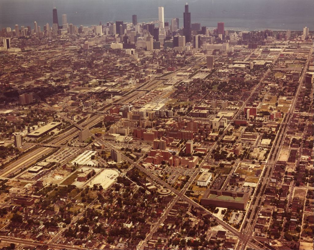 Miniature of Aerial view of west campus, east campus, and downtown Chicago