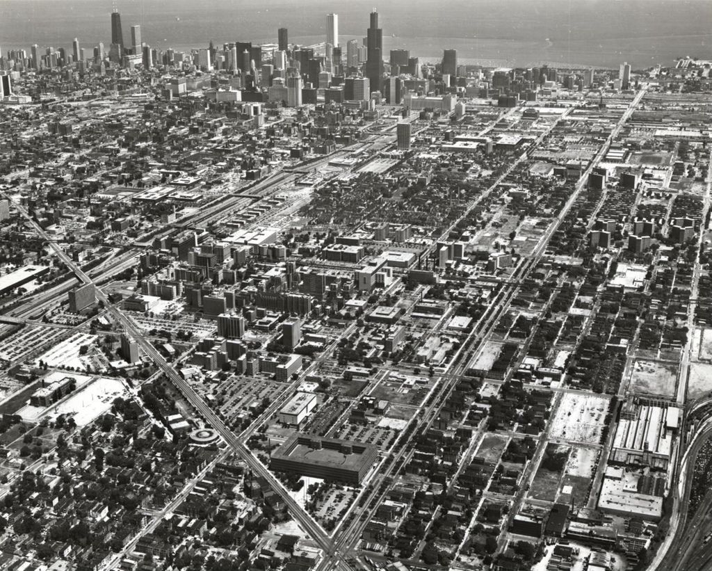 Aerial view of west campus, east campus, and downtown Chicago