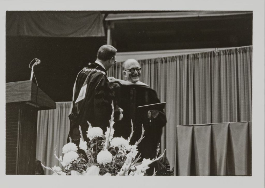 Stanley O. Ikenberry and honorary degree recipient Sidney D. Drell at graduation