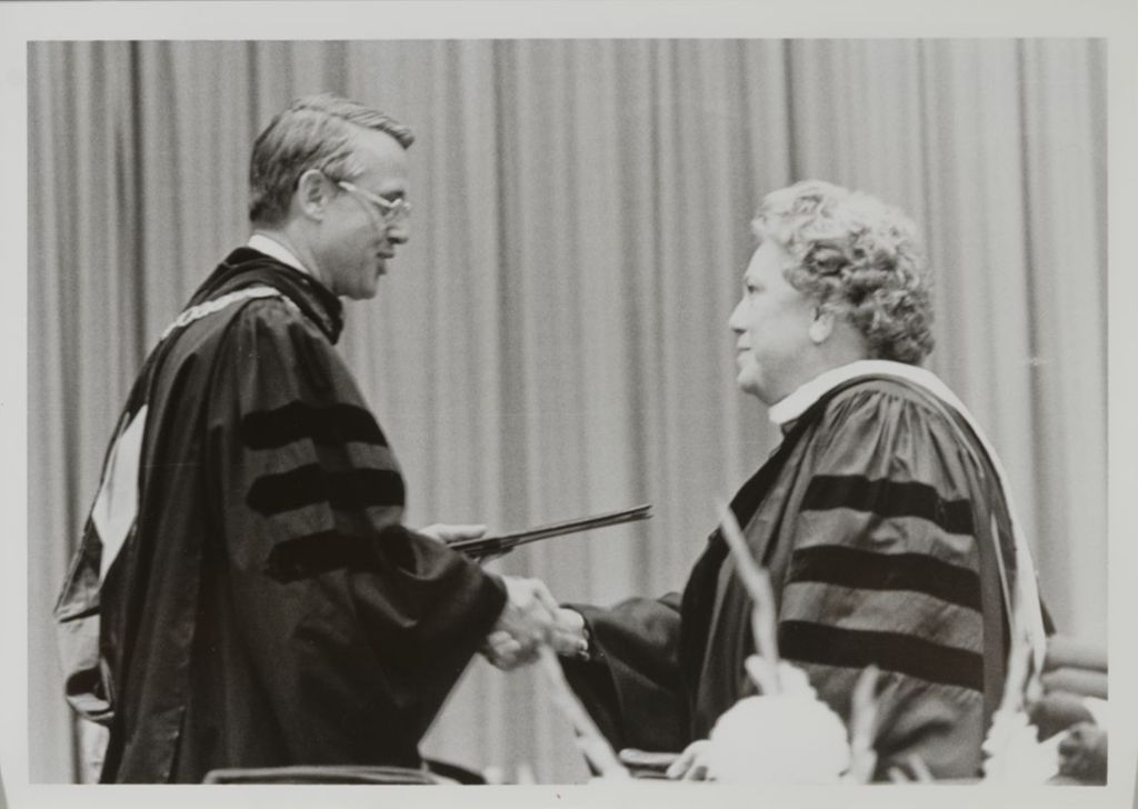 University of Illinois President Stanley O. Ikenberry and honorary degree recipient Carole Fox
