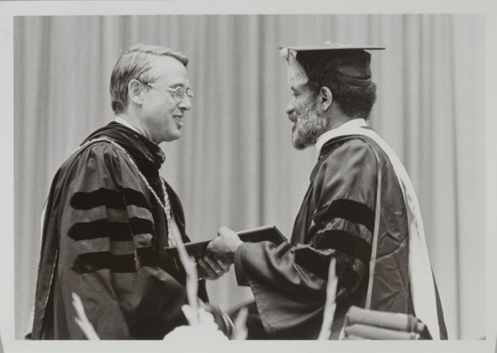 Miniature of University of Illinois President Stanley O. Ikenberry and honorary degree recipient Lerone Bennett Jr.