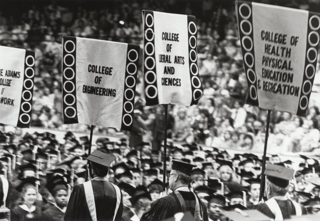 College banners at the graduation ceremony