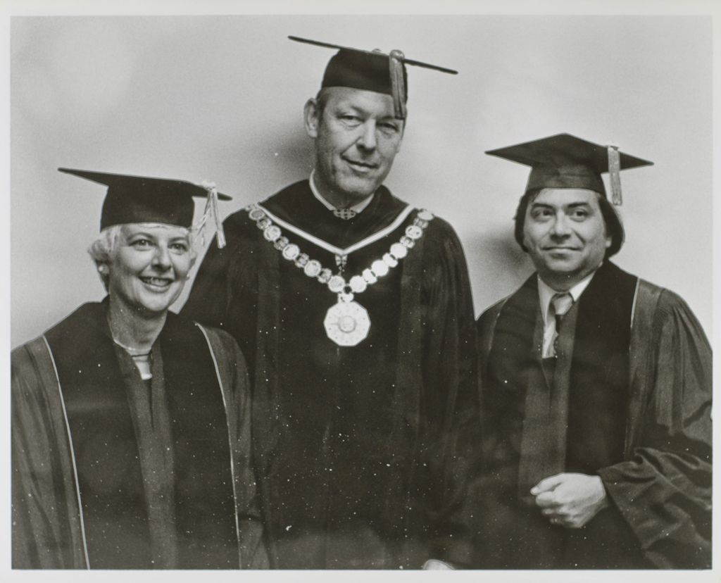 Miniature of University of Illinois Board of Trustees member Nina Shepherd, University of Illinois President John E. Corbally, and University of Illinois Board of Trustees member Arthur Velasquez (from left to right).