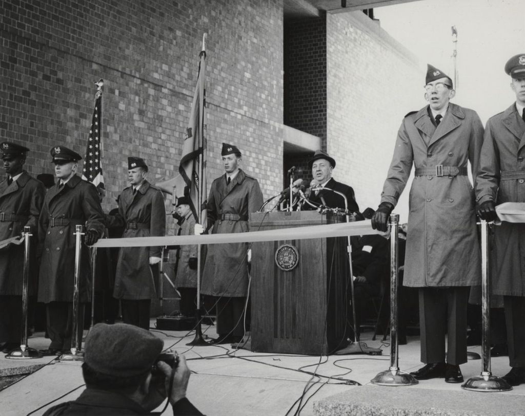 Miniature of Mayor Richard J. Daley speaking at the Dedication and Ribbon Cutting Ceremony