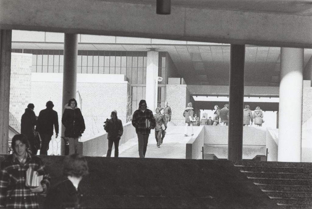 Miniature of View of pedestrians above and below elevated walkways in front of Science and Engineering Laboratory East and Science and Engineering Laboratory West