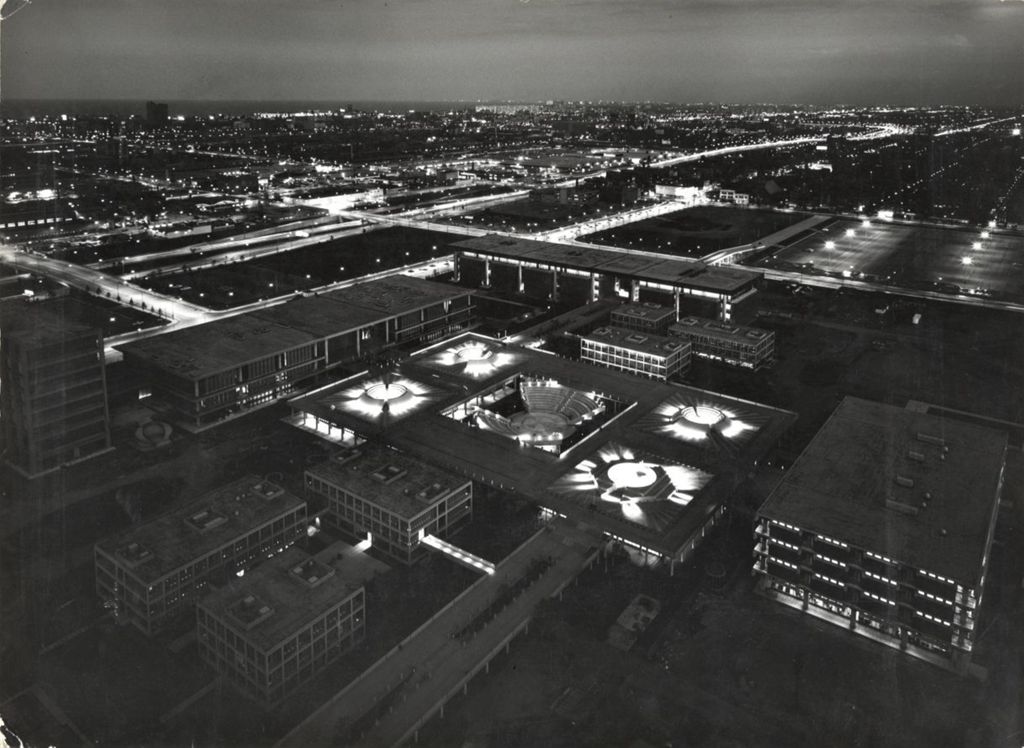 Aerial panorama of east campus at night