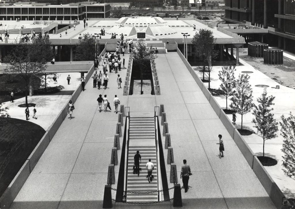 Aerial view of students on the elevated walkways