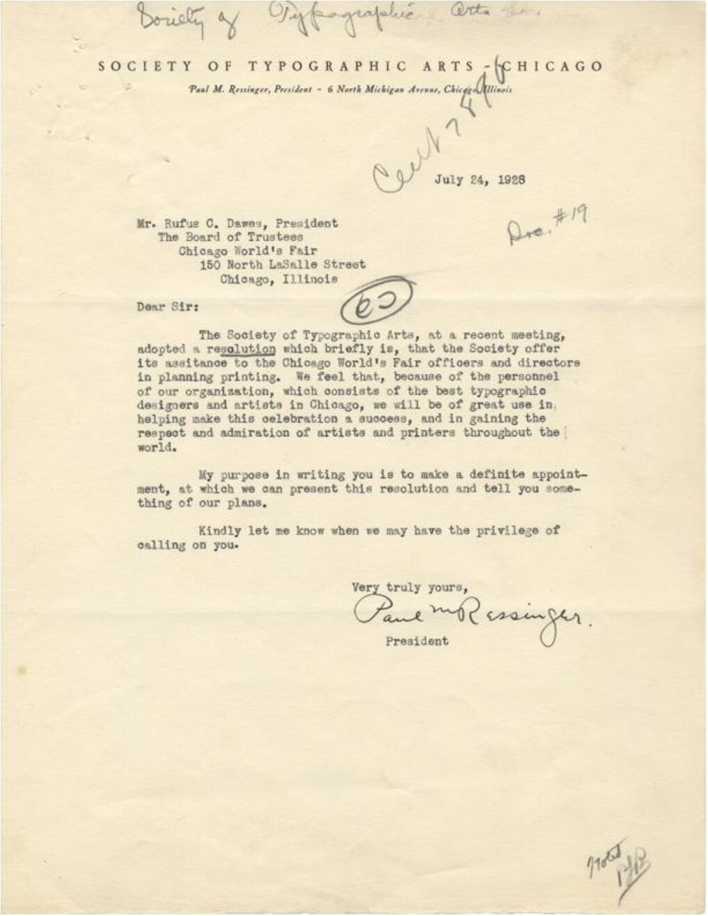Letter from Paul Ressinger, President of the STA, to Rufus Dawes, President of the Board of Trustees, Chicago's World's Fair