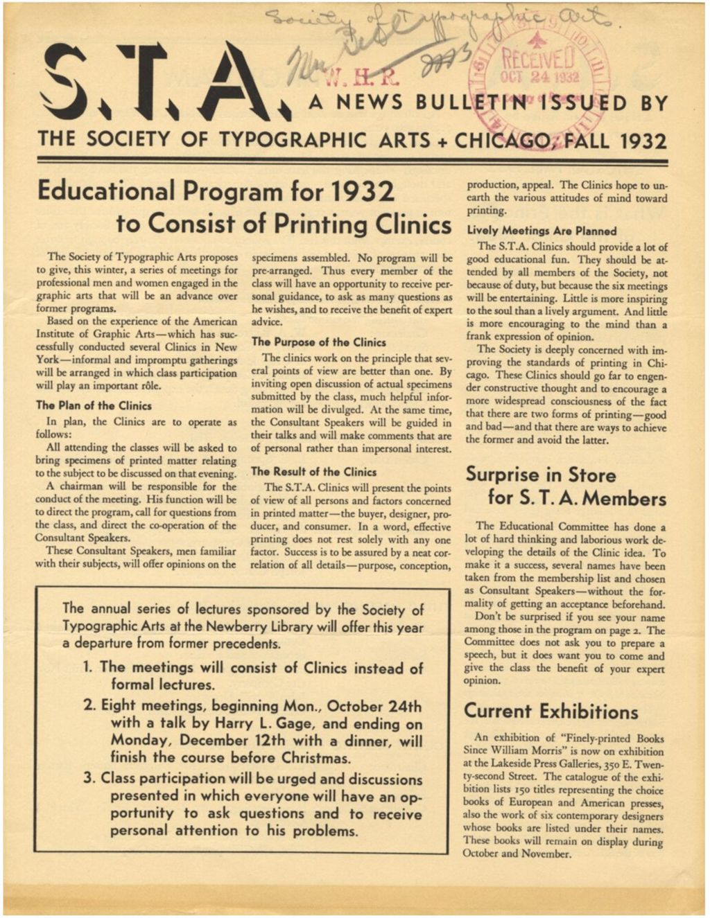 STA News Bulletin noting development of plans for a Graphic Arts Exhibit at the Century of Progress