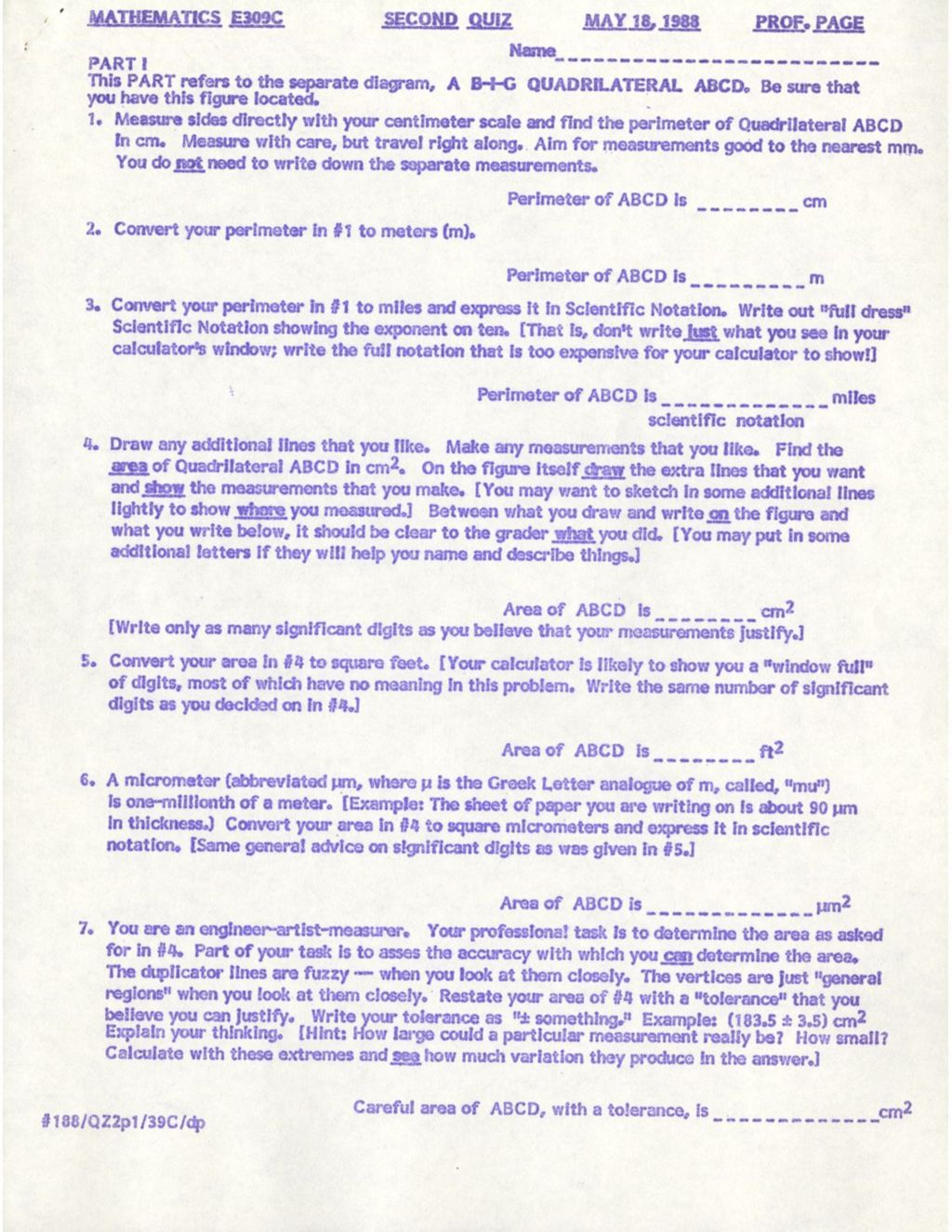Math E309C Second Quiz (1988)