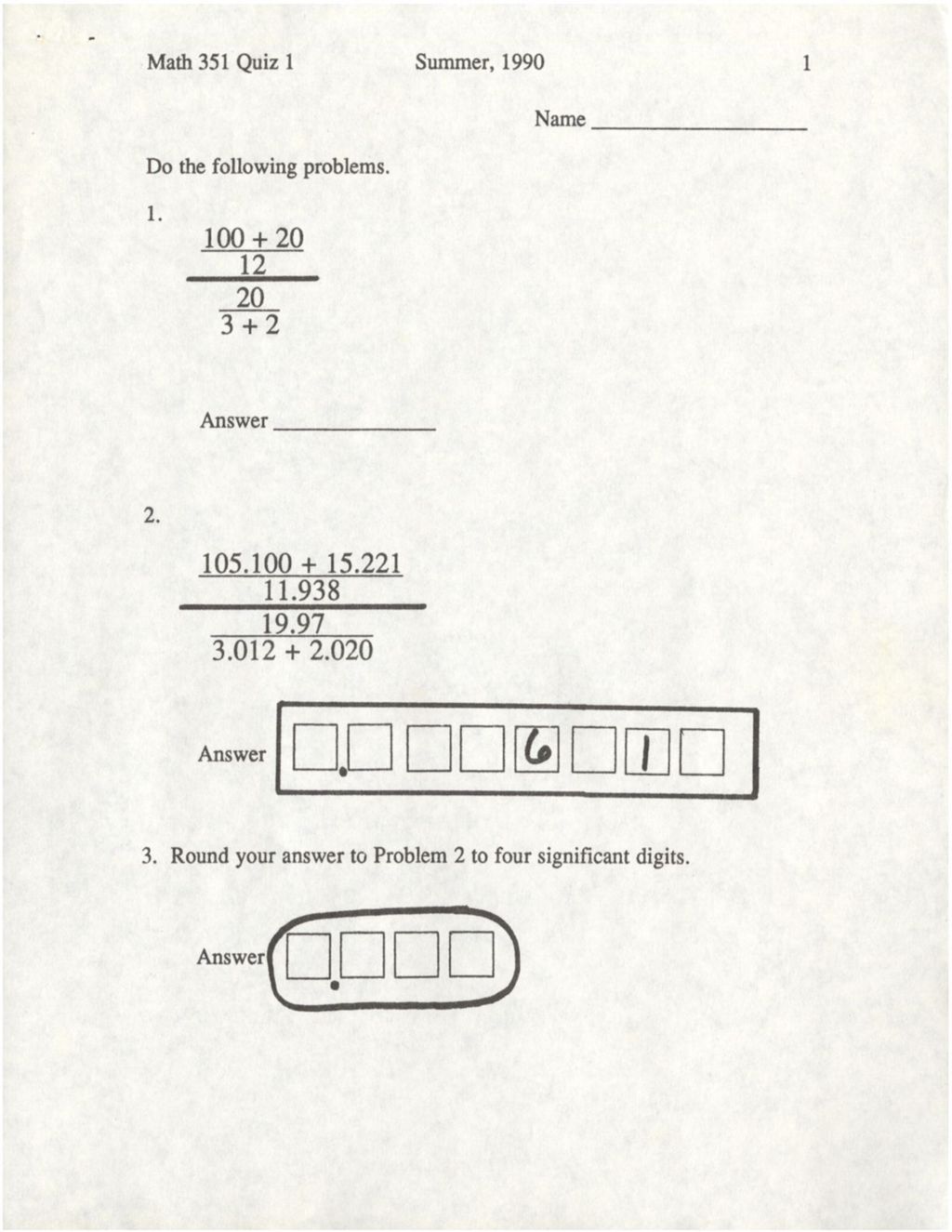 Miniature of Math 351 Quiz 1 (1990)