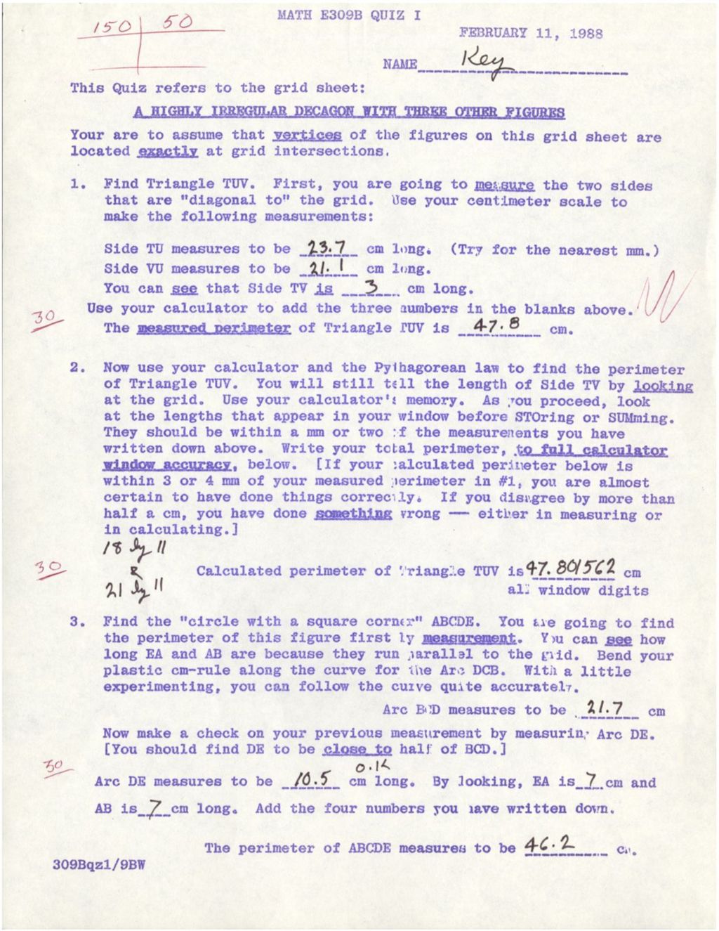 Math E309B Quiz I (1988) AK Handwritten by Page;  A Highly Irregular Decagon with Three Other Figures