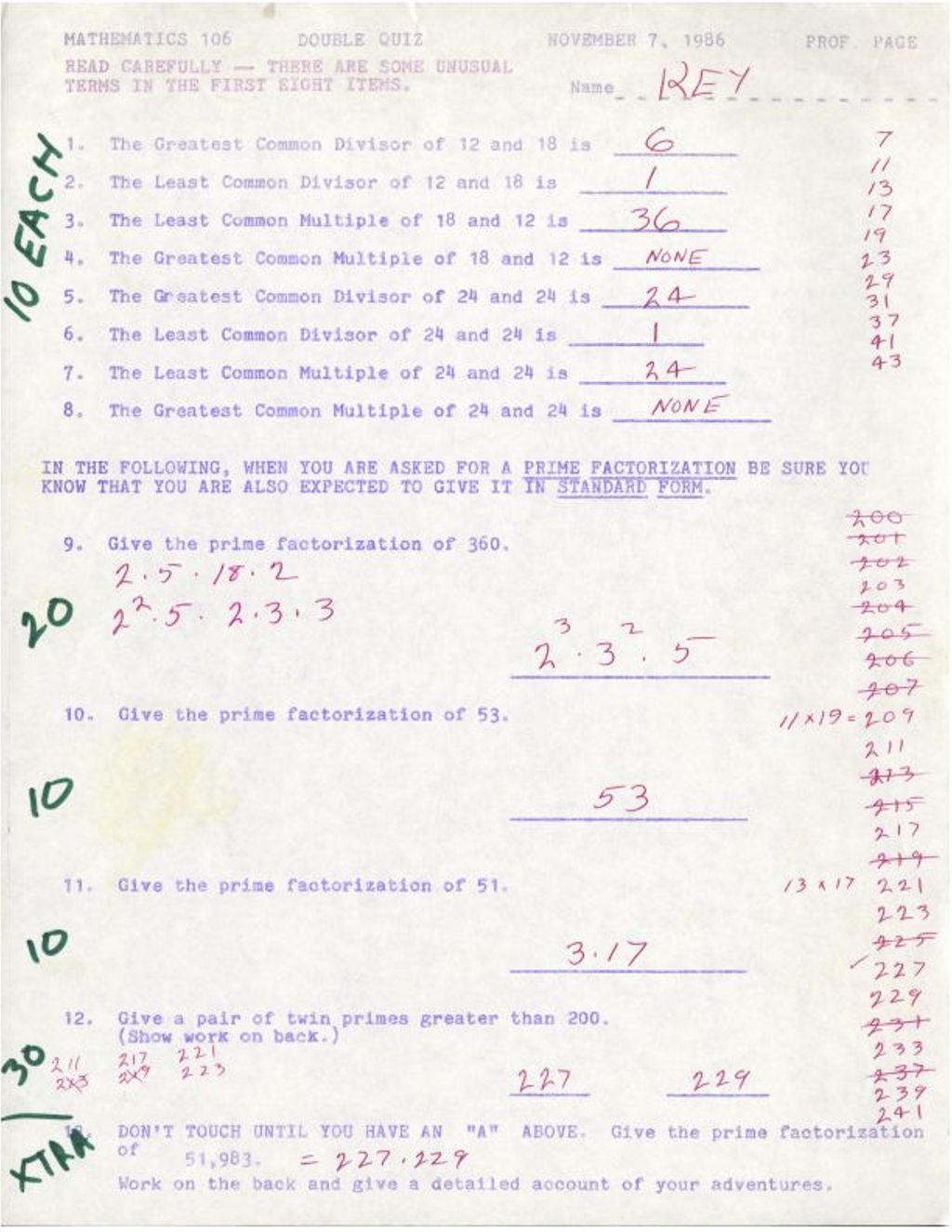 Miniature of Math 106 Double Quiz “The Greatest Common Divisor” with AK and grading notes handwritten by DP