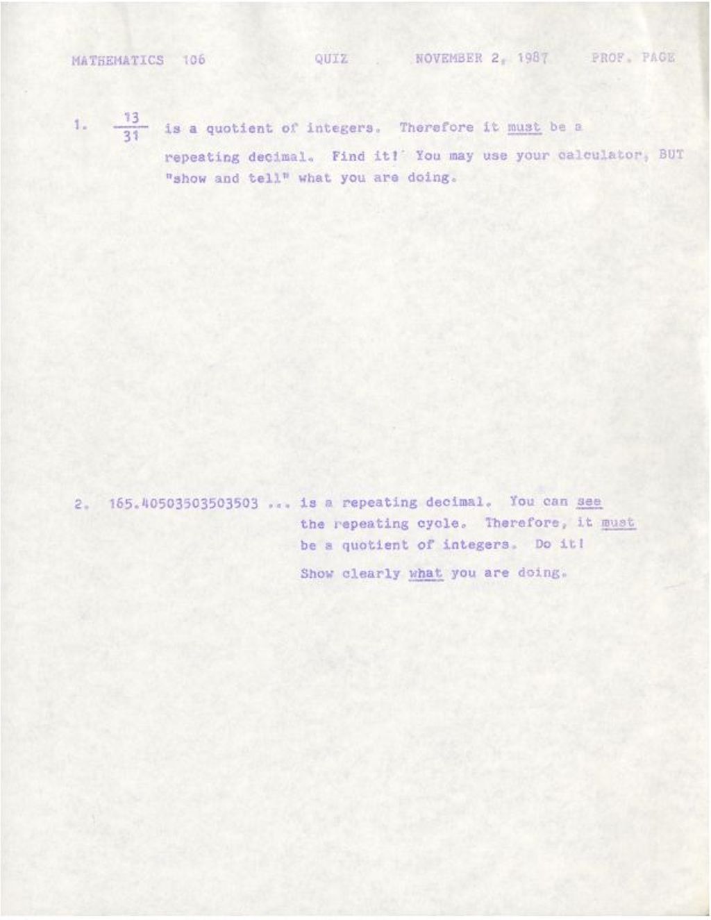 Miniature of Math 106 Quiz (1987) 13/31 is a quotient of an integer