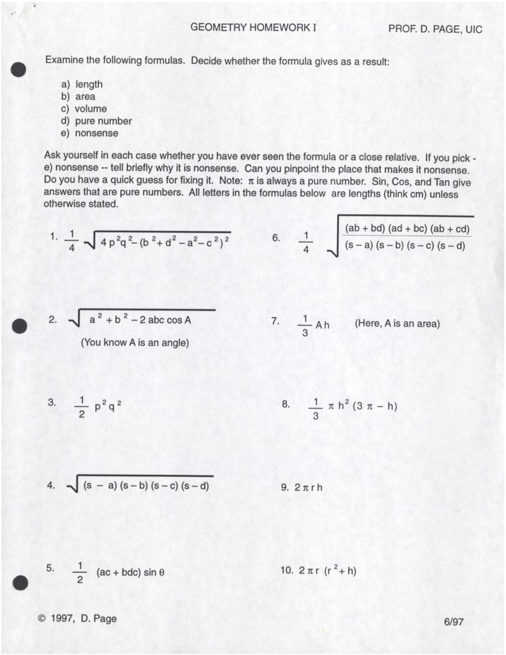Geometry Homework I, 1997