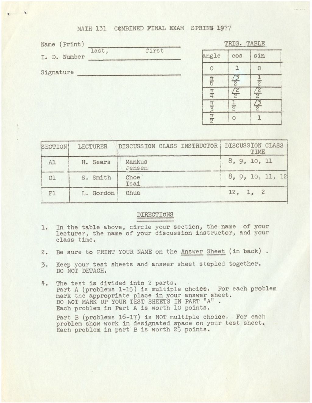 Miniature of Math 131 Combined Final Exam Spring 1977