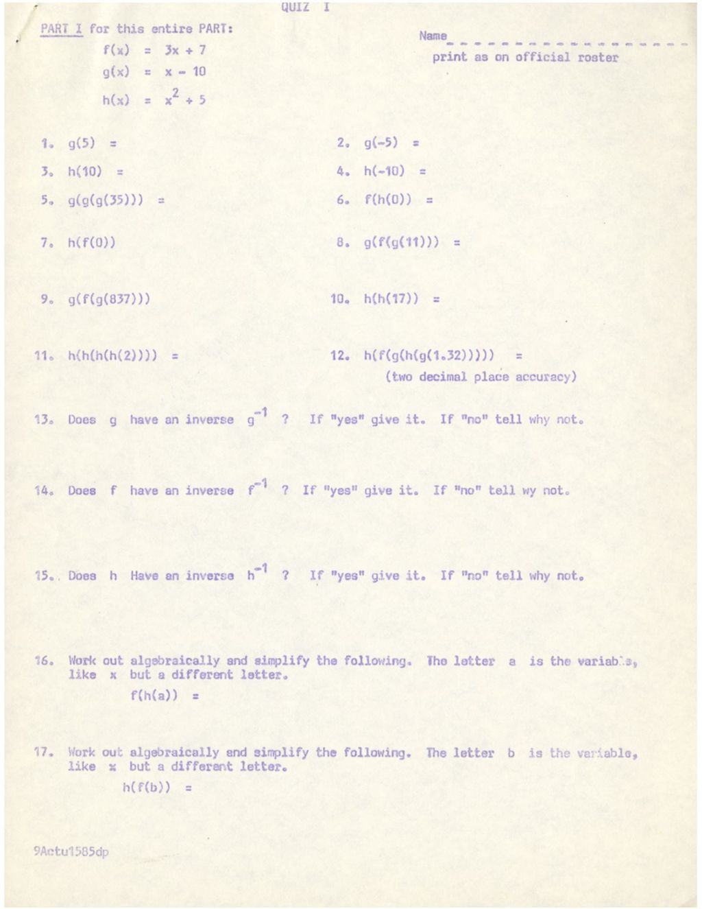 Miniature of Quiz I [This doc includes function problems and quadratic reasoning problems.]