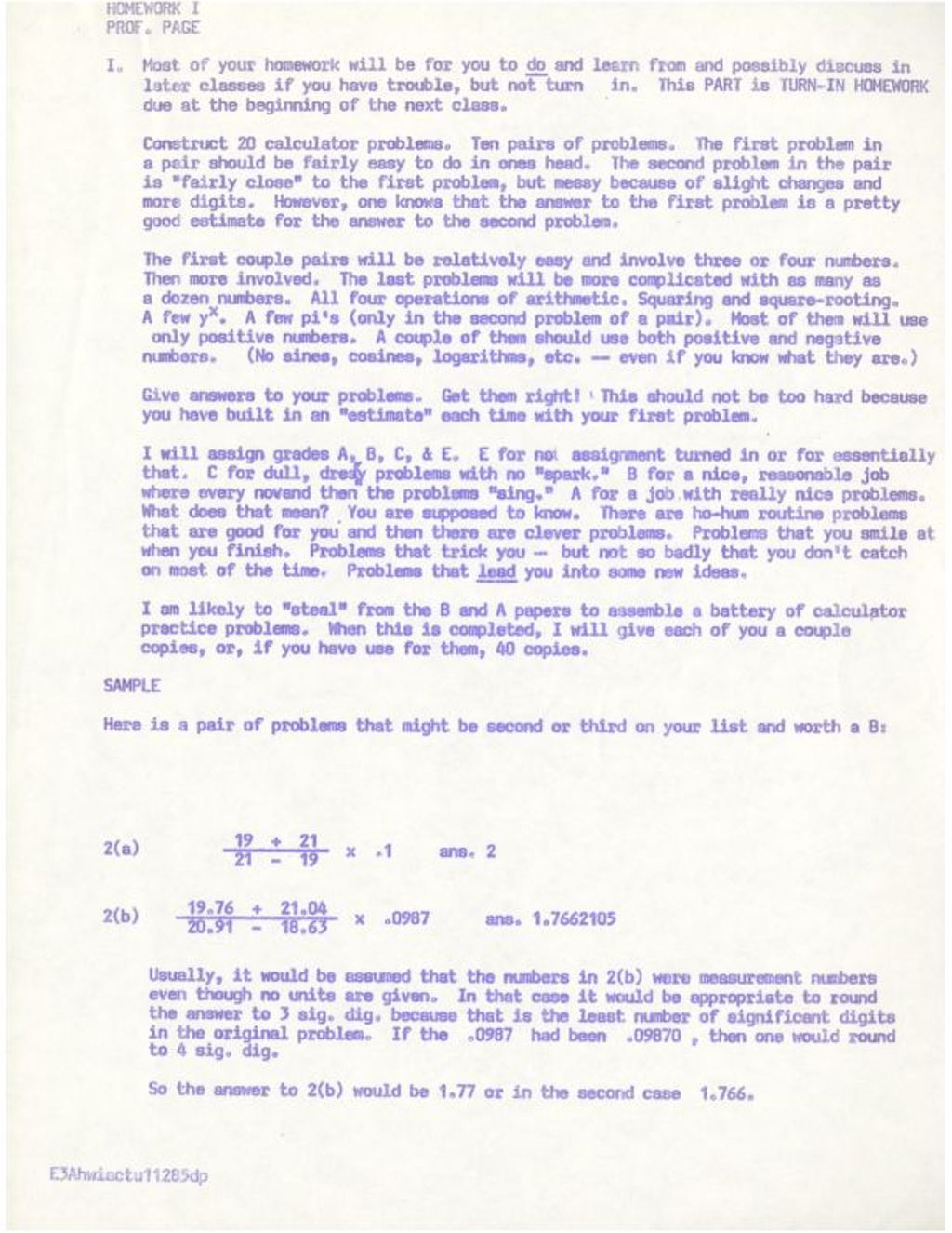 Miniature of Homework I [Calculator Problems] [Dec. 1985]
