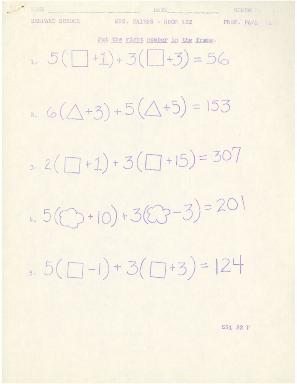 Miniature of Shepard School Mrs. Gains 102 5( box + 1) + 3 ( box + 3) = 56
