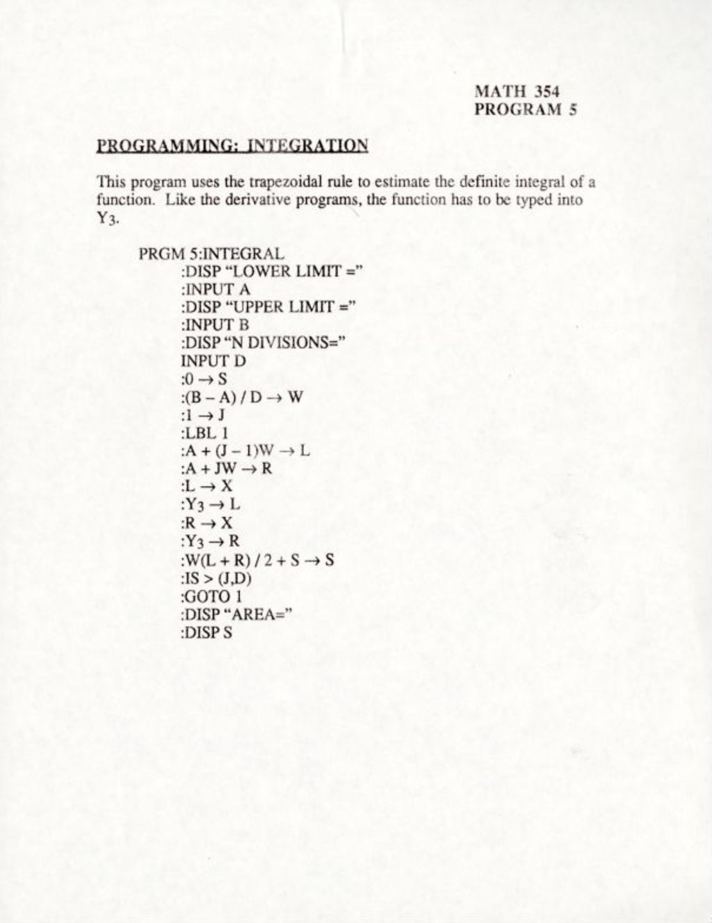 Miniature of Math 354 Program 5 Programming: Integration