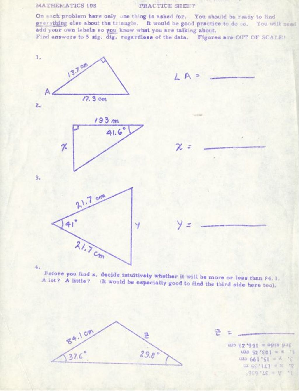 Miniature of Math 108 Practice Sheet (rt. Triangles)