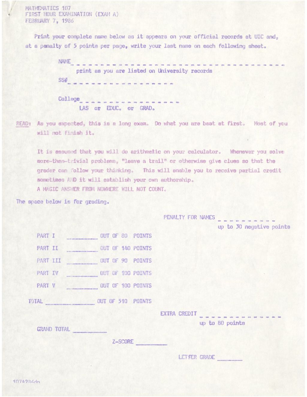 Mathematics 107 First Hour Exam (1986)