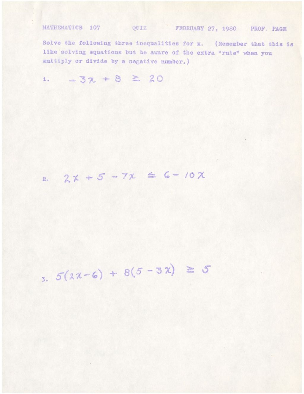 Math 107 Quizzes 1980