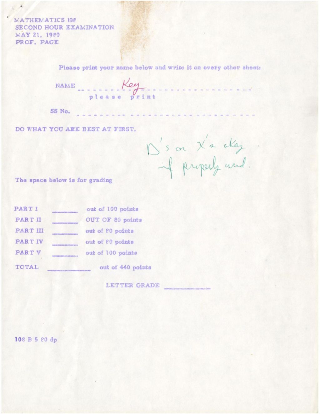 Miniature of Mathematics 108 Second Hour Exam Answer Key (Spring 1980)
