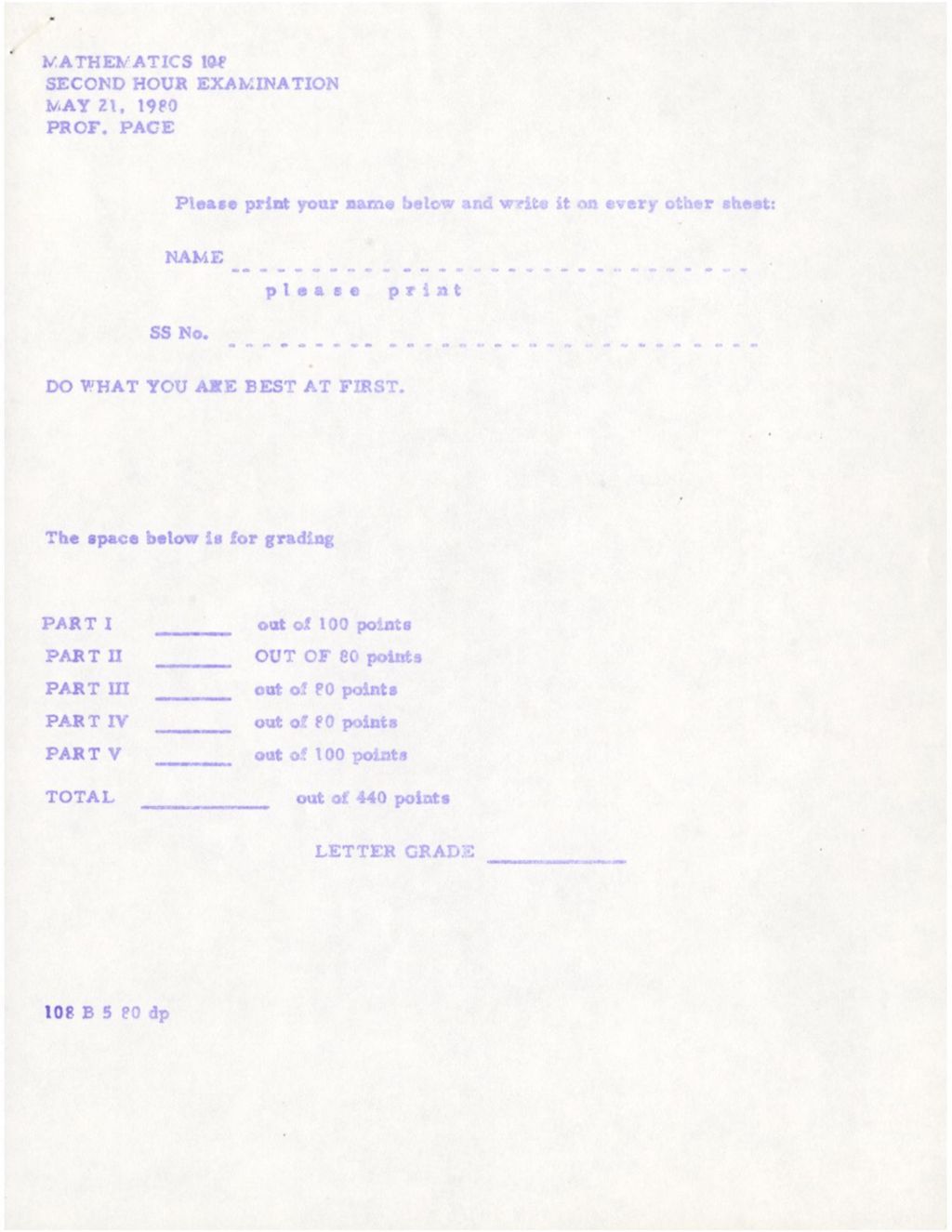 Miniature of Mathematics 108 Second Hour Exam (Spring 1980