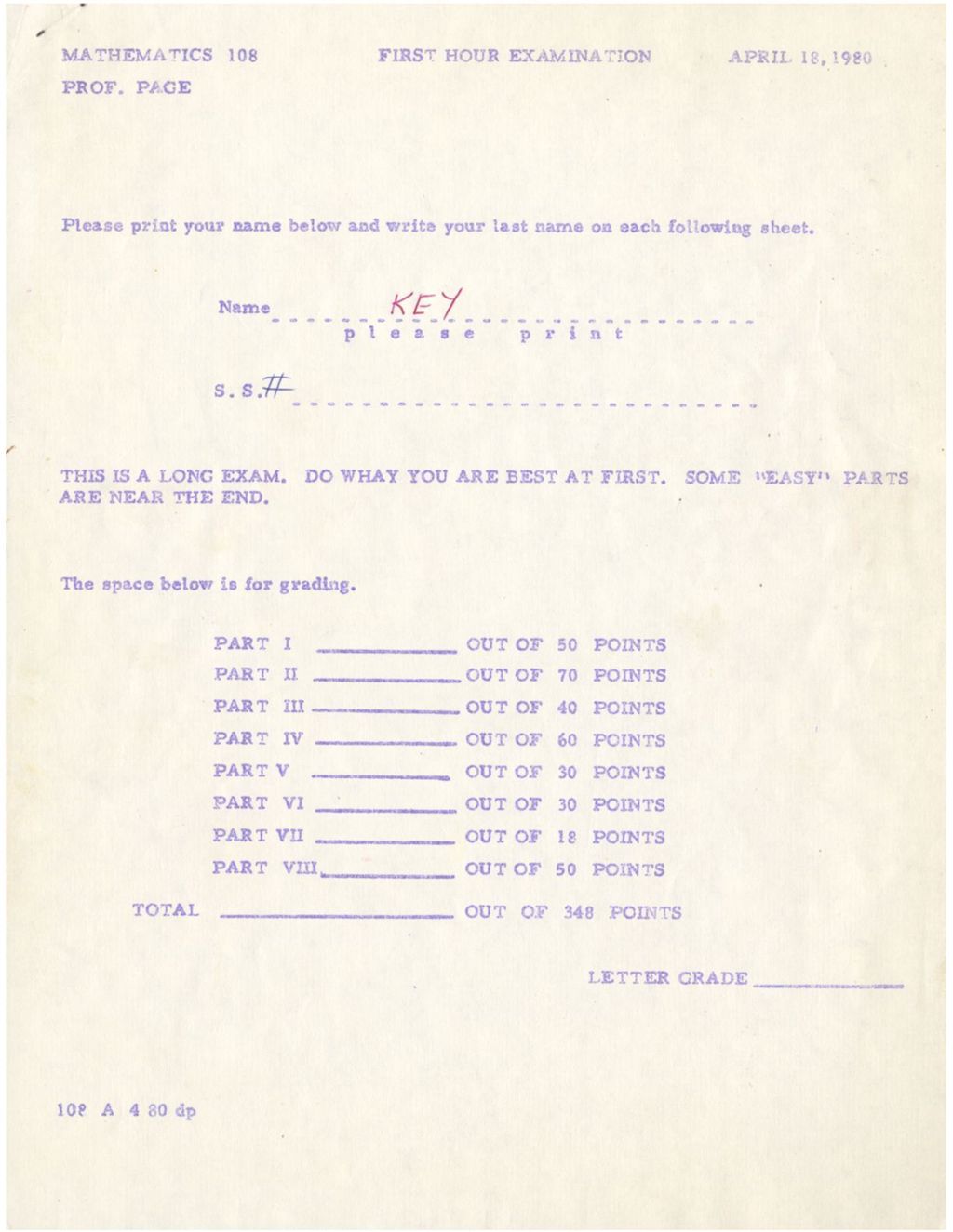 Miniature of Mathematics 108 First Hour Exam Answer Key (Spring 1980)