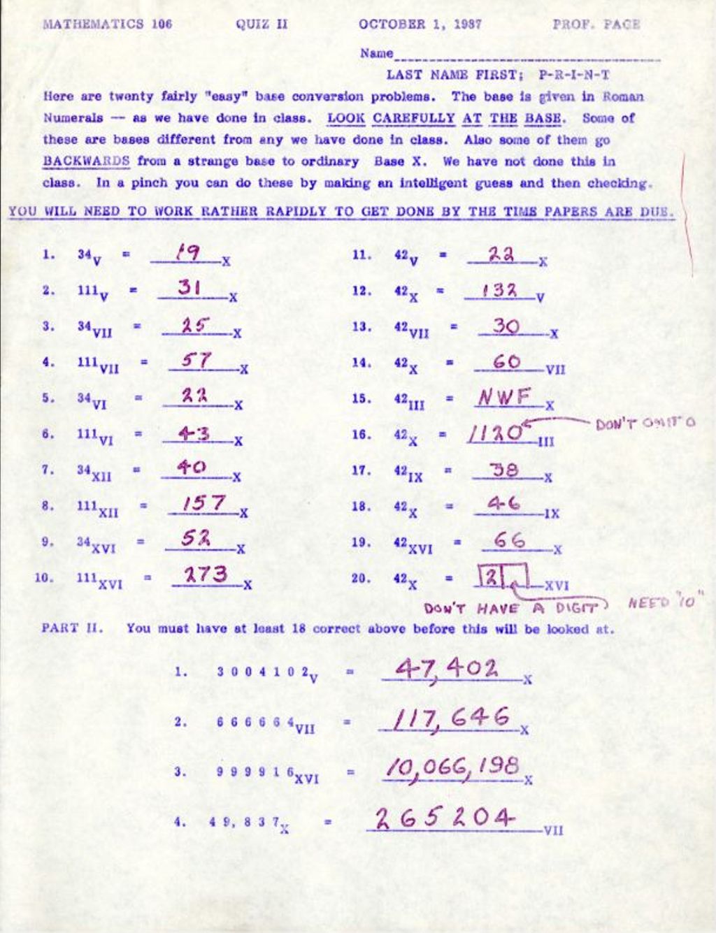 Miniature of Math 106 Quiz II (1987) Twenty fairly "easy” base conversions AK