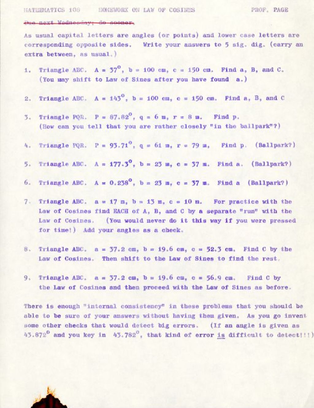 Miniature of Math 108 Homework on Law of Cosines