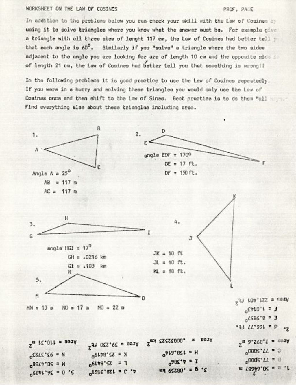 Miniature of Worksheet on the Law of Cosines w/ ak