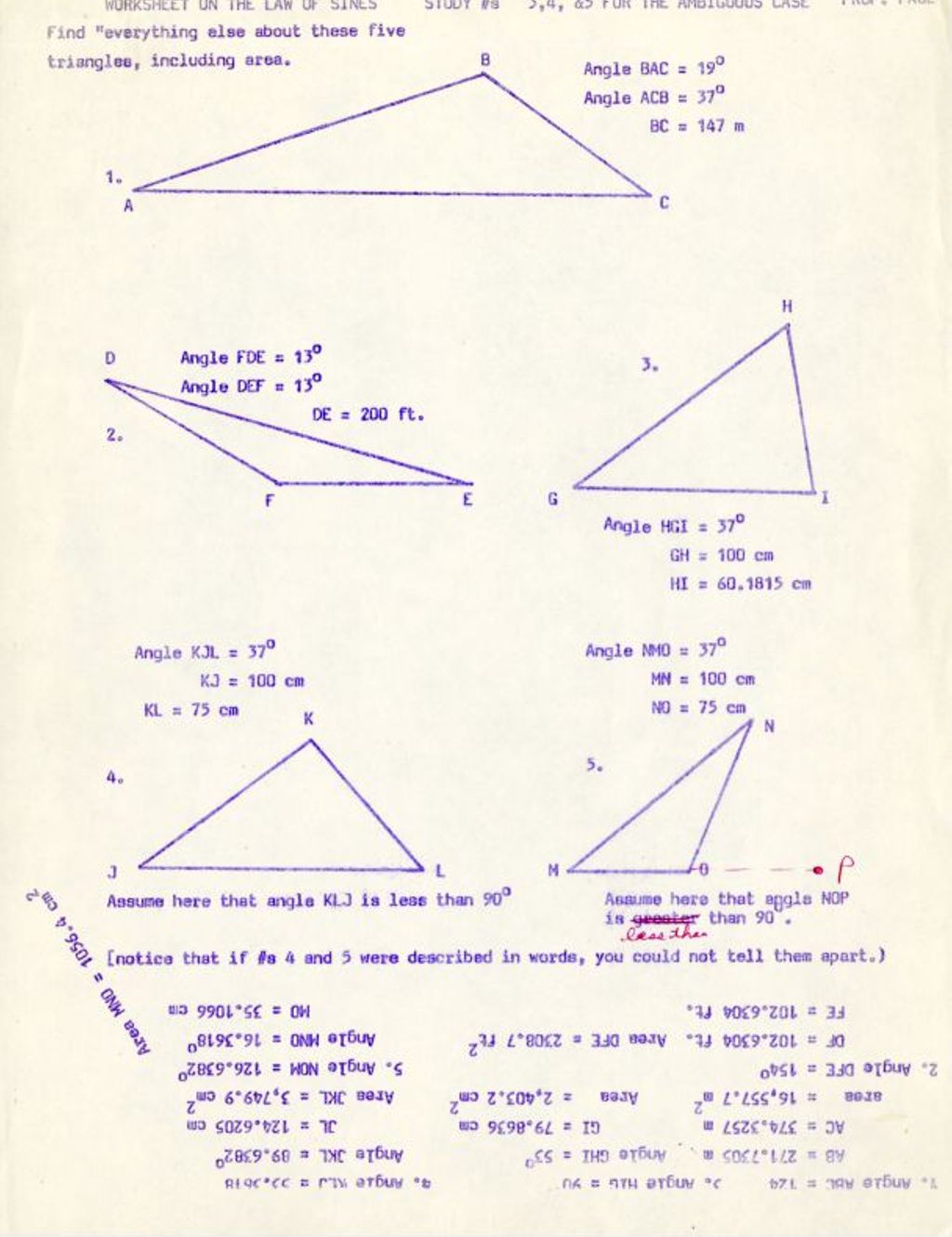 Miniature of Worksheet on the Law of Sines Study # 3, 4, &5 for the Ambiguous Case w/ answers
