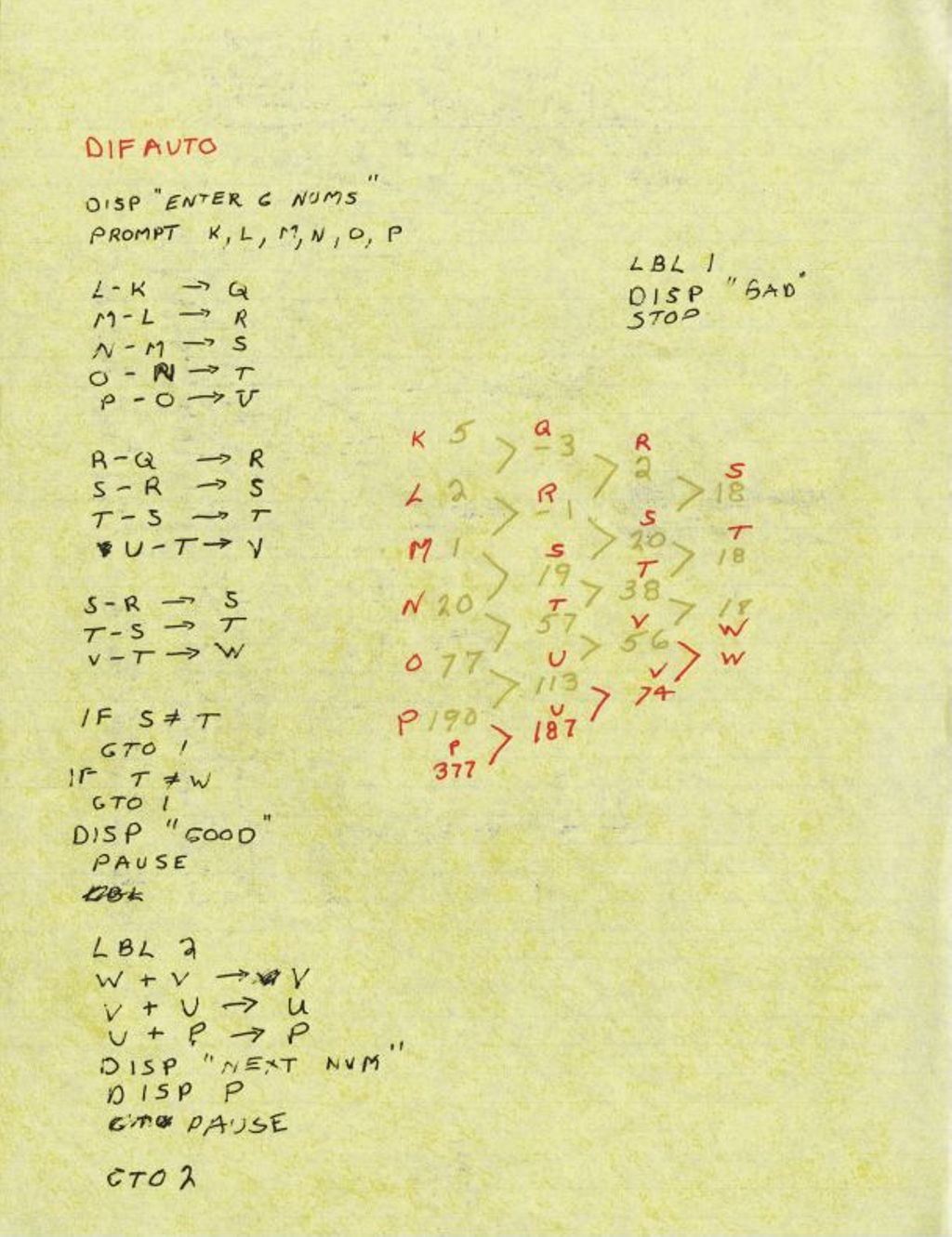 Miniature of Dif Auto (Graphing Cal. Program) Handwritten by Page
