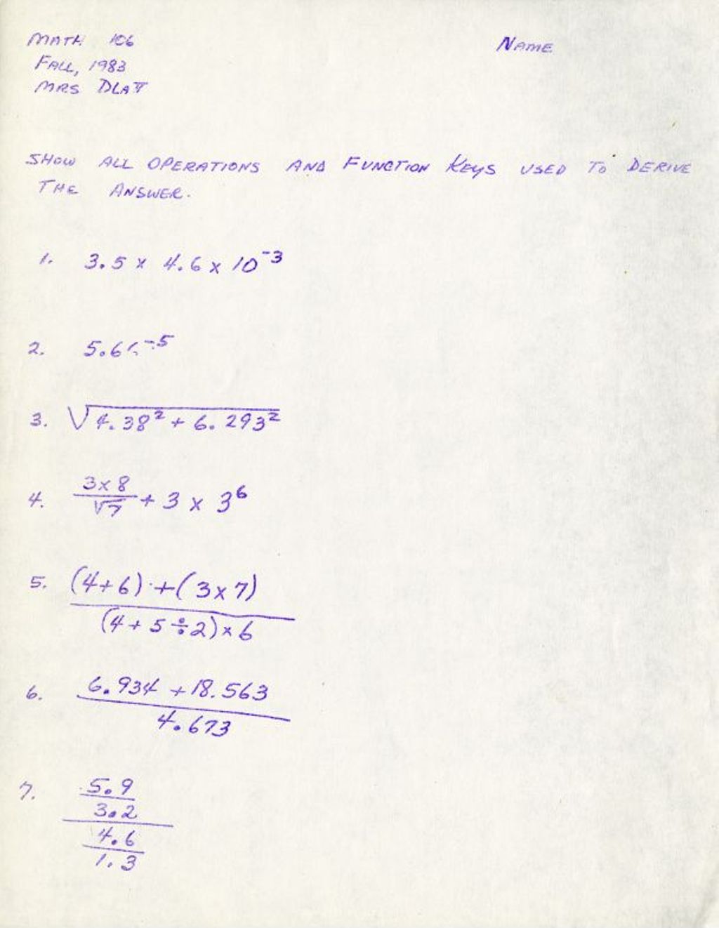 Miniature of Math 106 Fall 1983 solving operations