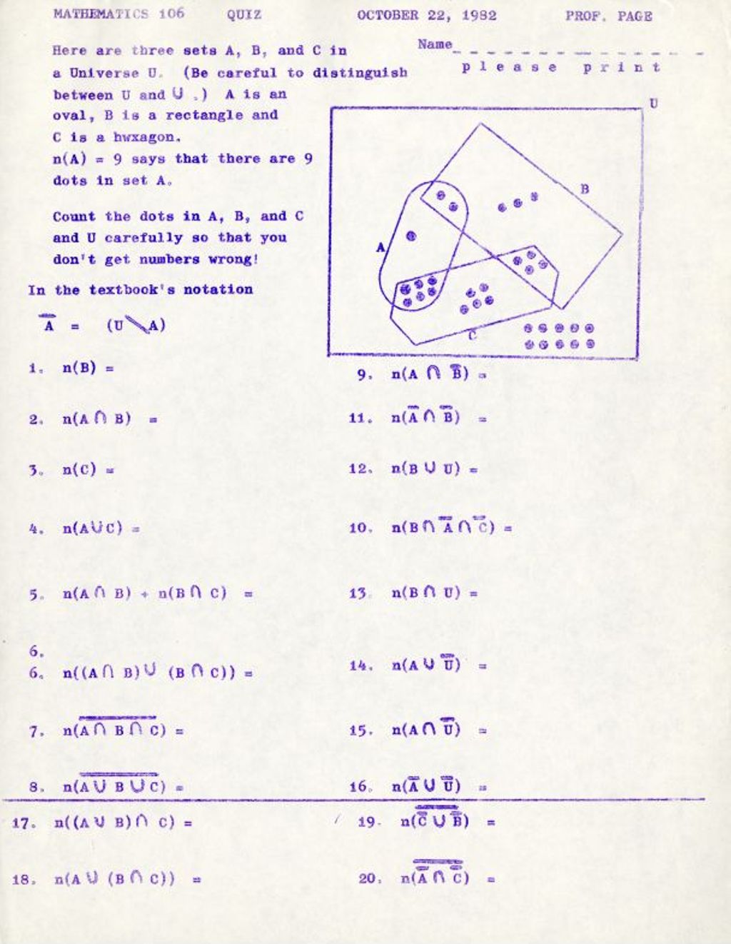 Miniature of Math 106 Quiz (1982) set