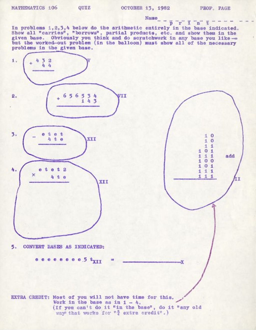 Math 106  Quiz Oct. 1982 (adding in Bases)
