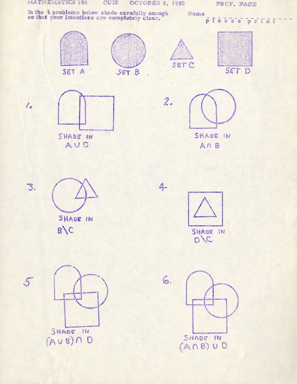 Miniature of Math 106 Quiz (October 1980) set