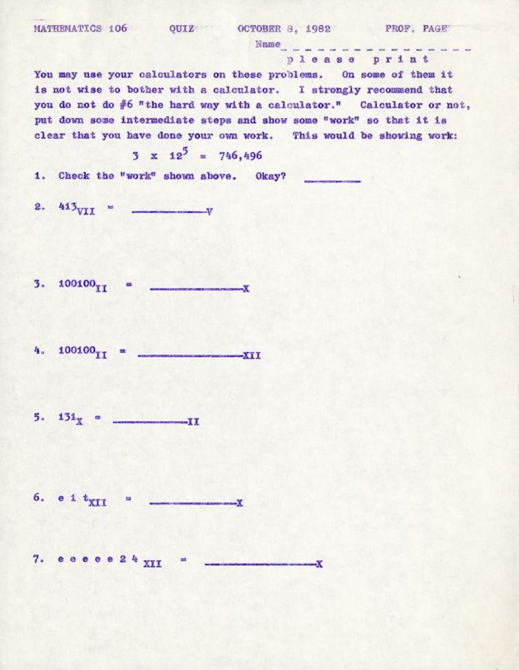 Miniature of Math 106 Quiz (1982) (bases)