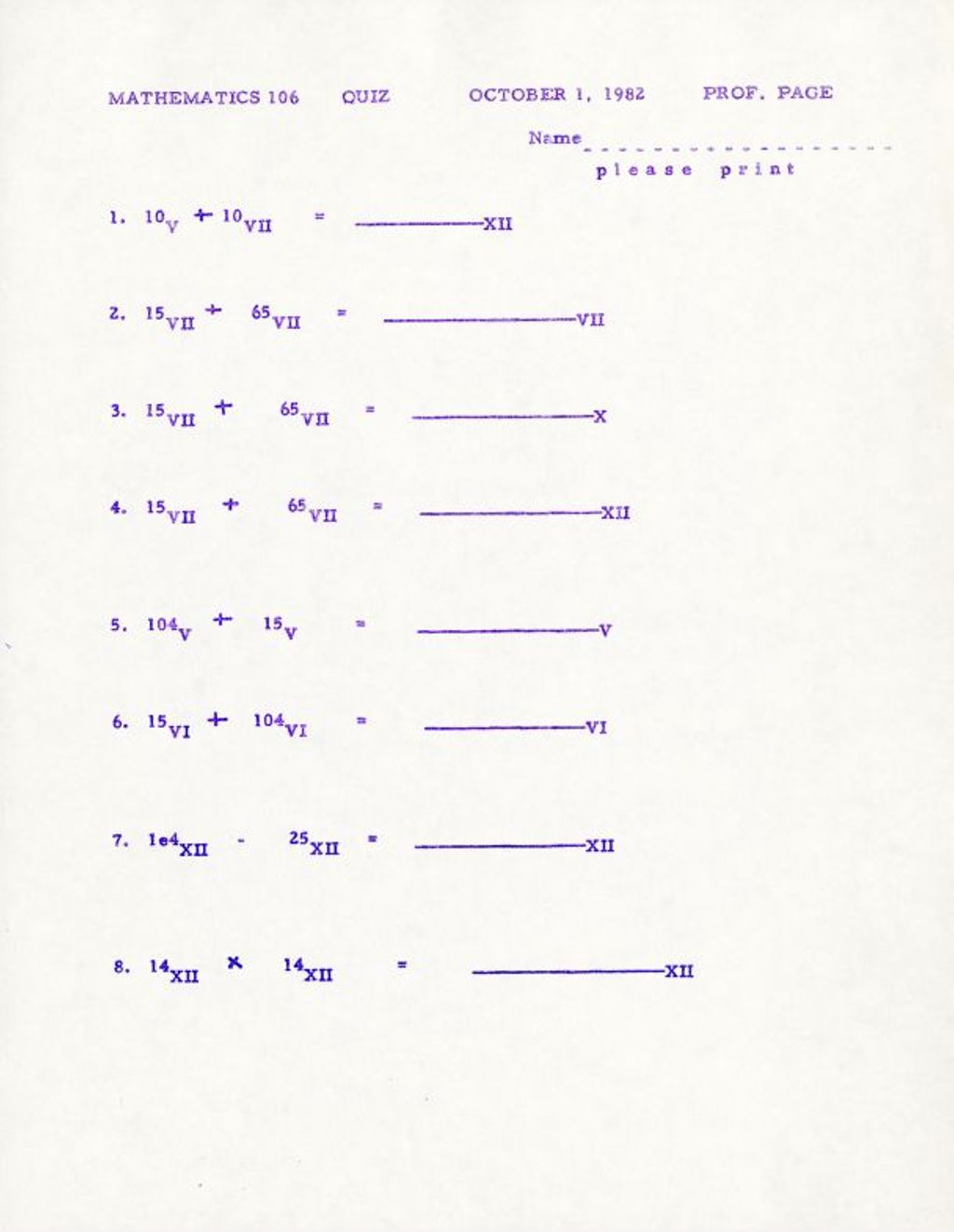Math 106 Quiz (1982) 10V + 100VII