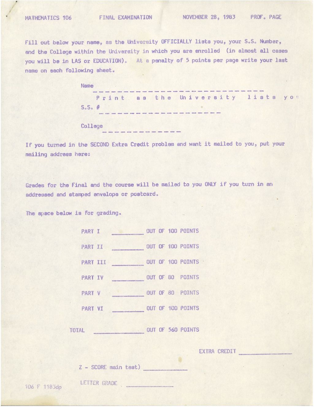 Miniature of Mathematics 106 Final Exam 1983 (bases, number theory, unit conversions)