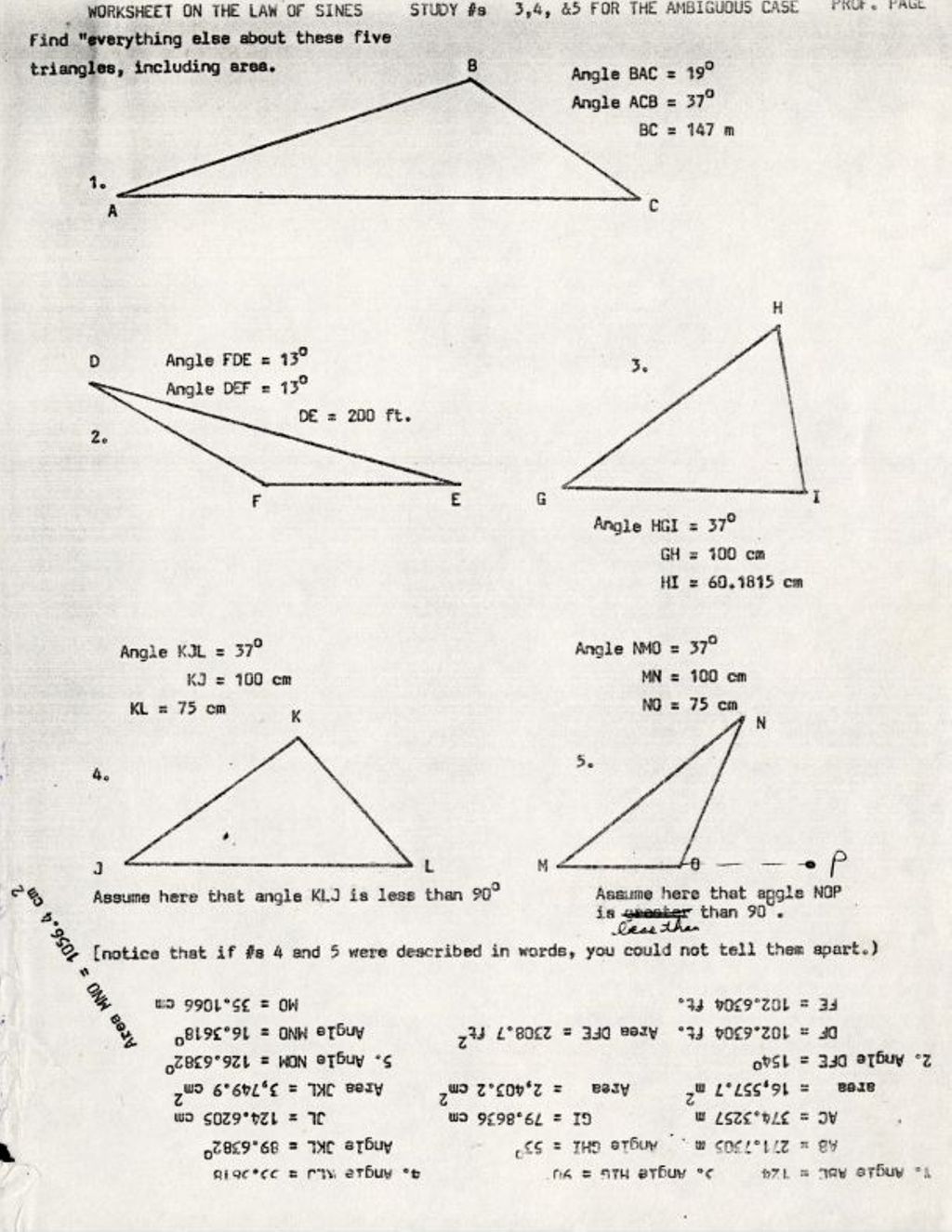 Miniature of Worksheet of the Law of Sines Study #s