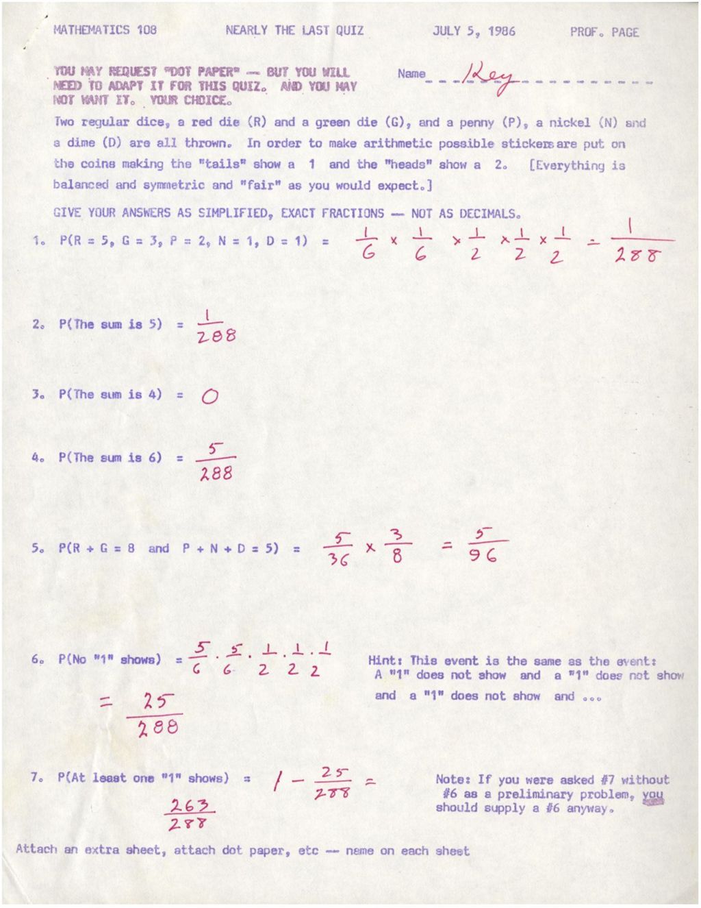 Math 108 Nearly Last Quiz (1986) (probability) w/ Answer Key