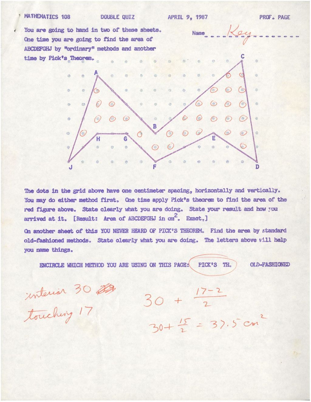 Miniature of Math 108 Double Quiz (1987) Area problem with 2 solutions. w/ DP notes
