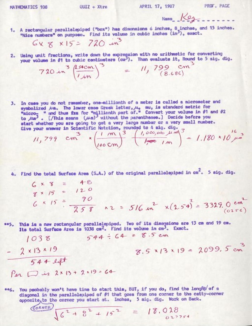 Miniature of Math 108 Quiz + Xtra (1987) “A rectangular Parallelelipiped . .” w/ Answer Key notes from DP