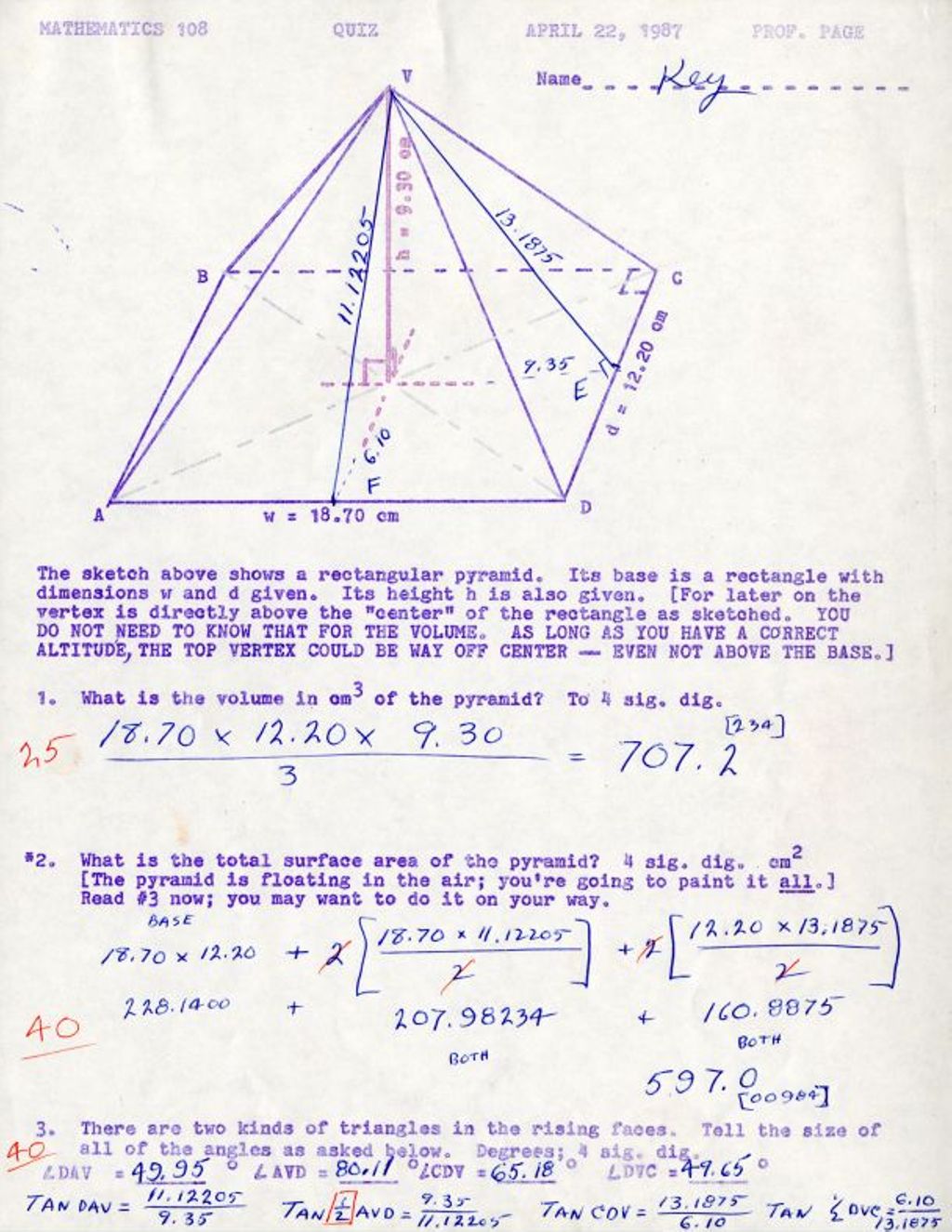 Math 108 Quiz (pyramid) w/ Answer Key notes from DP