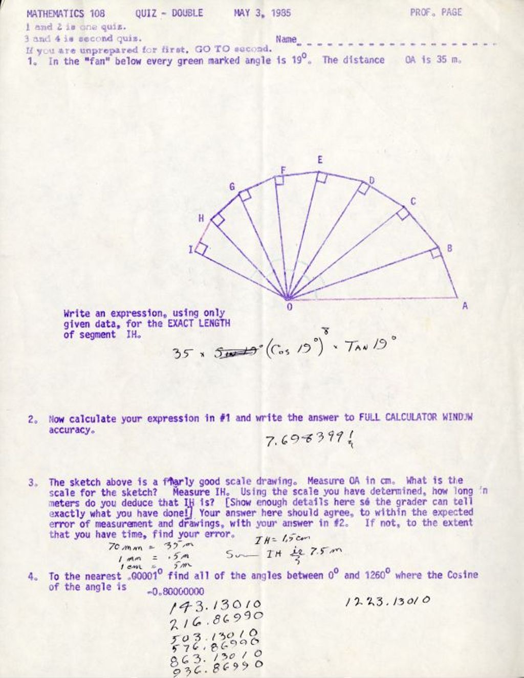 Miniature of Math 108 Quiz Double (1985) In the “fan” below ever green marked angles is 19 degrees. The distance of OA is 35 m w/ DP notes