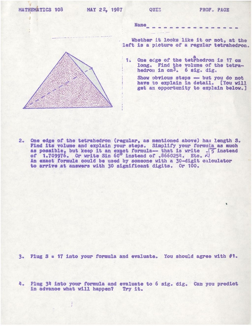 Math 108 A regular tetrahedron problem/ Answer Key