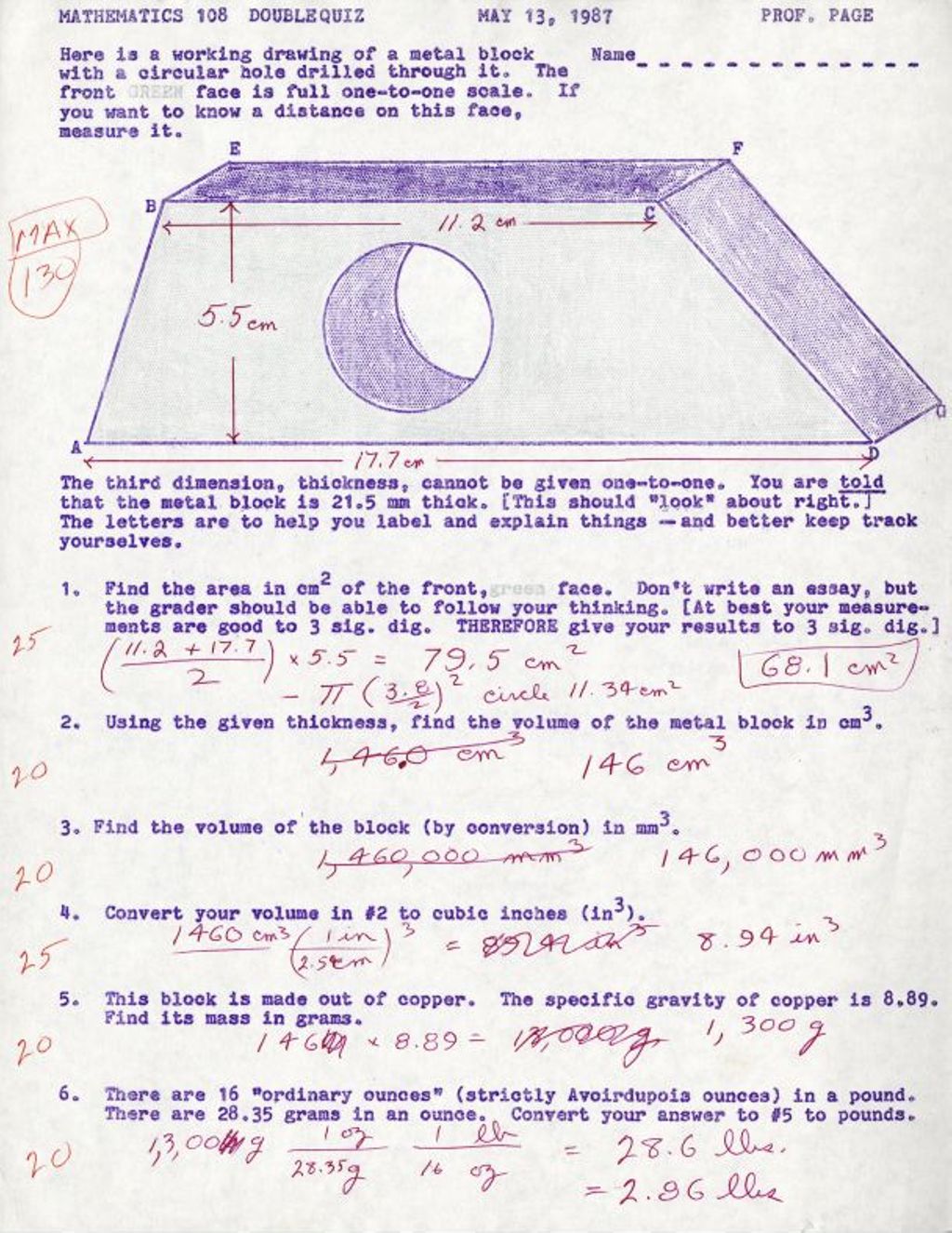 Miniature of Math 108 Double Quiz (1987) Here is a working drawing of a metal block w/ Answer Key